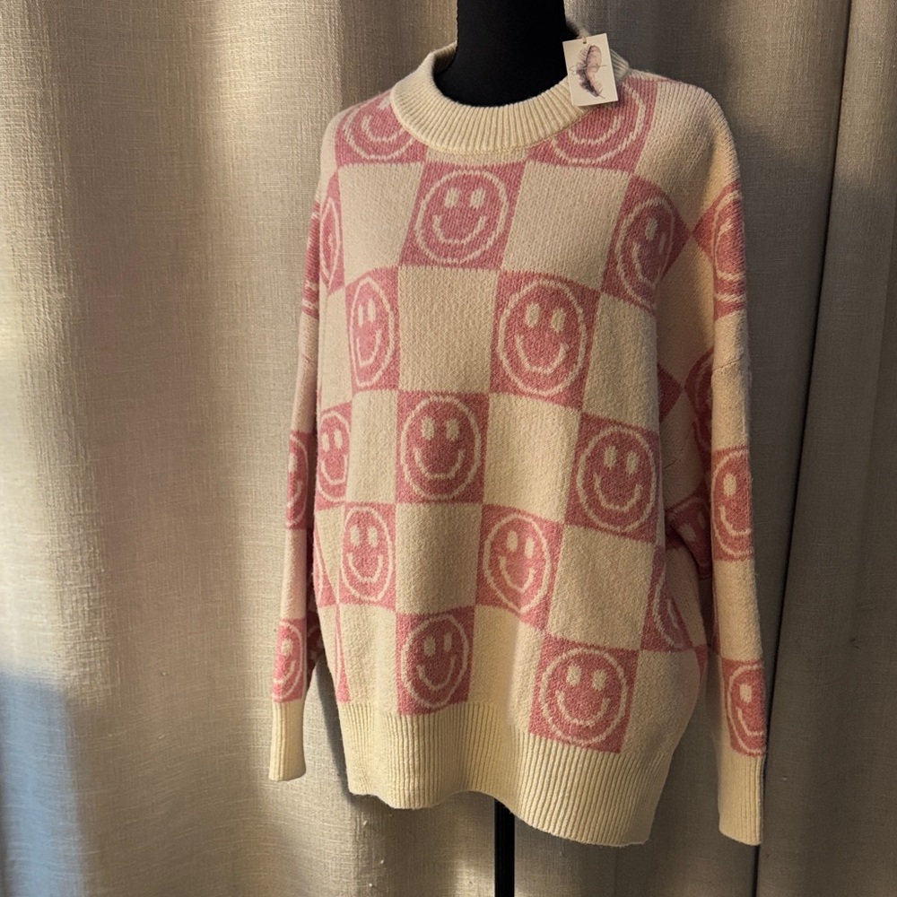 Jessica Simpson Pink and Cream Checkered Smiley Sweater